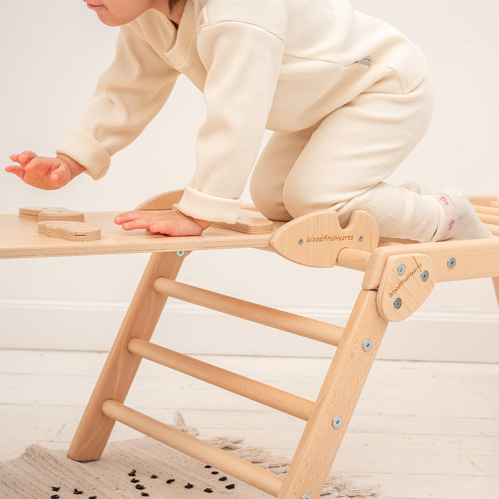 Scandinavian Climbing Slide with Rocks in Natural Wood color