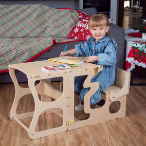 The child stands on a high chair and reaches the countertop. Kitchen step stool chair