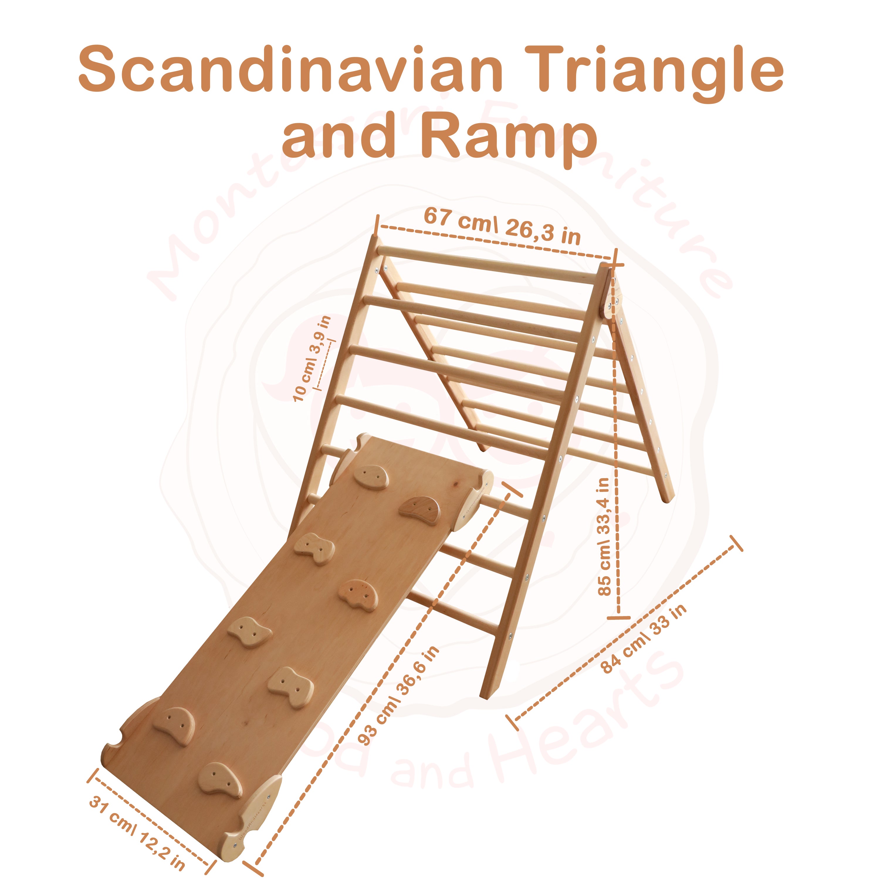 Montessori Scandinavian Set of two Wooden items: Climbing Triangle + Ramp, N.Wood color