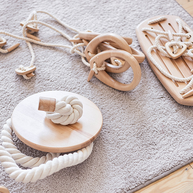 Wooden Climbing Playground: Rocking Ramp, Climbing Rope, Monkey Bars, Gymnastic rings, Kids Swing, Play Mat