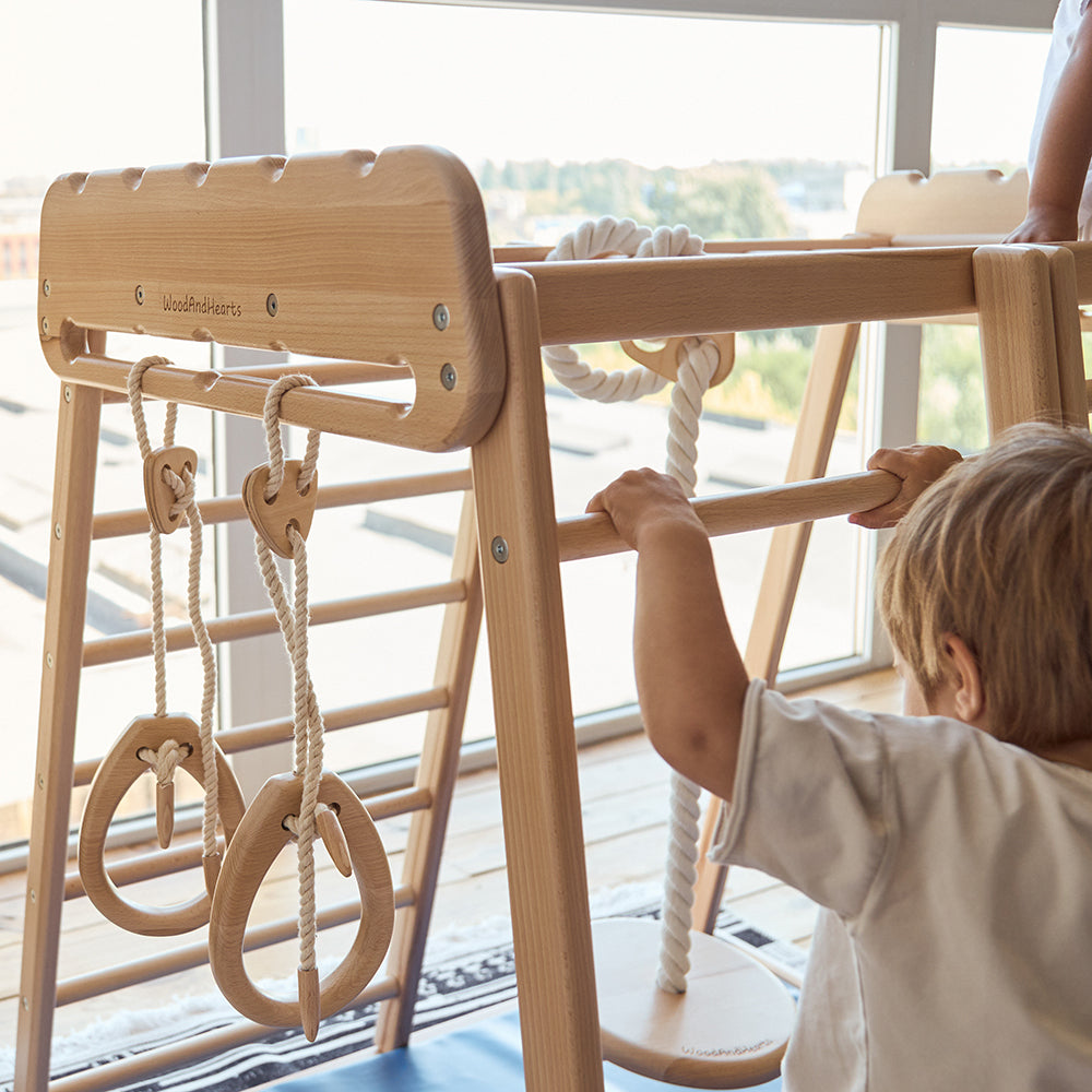 Wooden Climbing Playground: Rocking Ramp, Climbing Rope, Monkey Bars, Gymnastic rings, Kids Swing, Play Mat