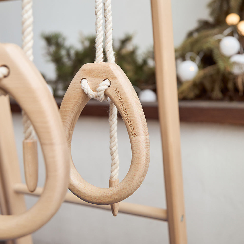 Wooden Climbing Playground: Rocking Ramp, Climbing Rope, Monkey Bars, Gymnastic rings, Kids Swing, Play Mat