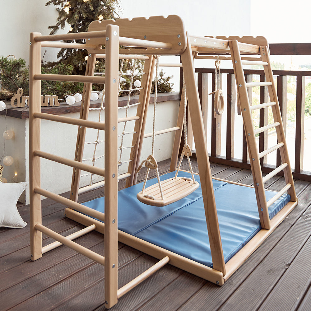 Wooden Climbing Playground: Rocking Ramp, Climbing Rope, Monkey Bars, Gymnastic rings, Kids Swing, Play Mat