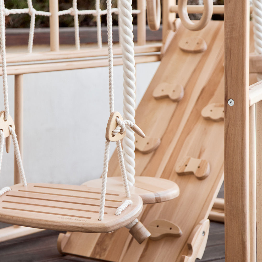 Wooden Climbing Playground: Rocking Ramp, Climbing Rope, Monkey Bars, Gymnastic rings, Kids Swing, Play Mat