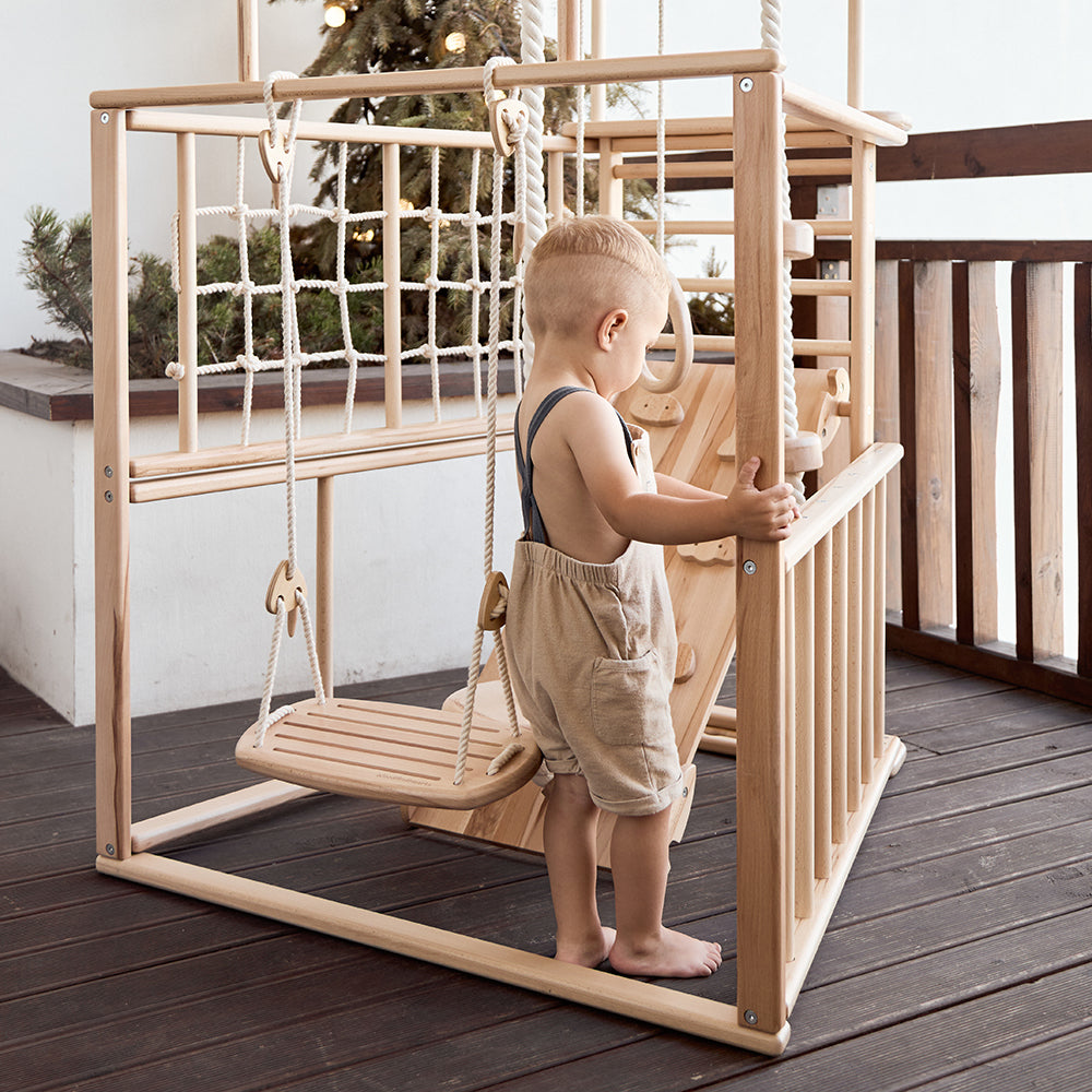 Wooden Climbing Playground: Rocking Ramp, Climbing Rope, Monkey Bars, Gymnastic rings, Kids Swing, Play Mat