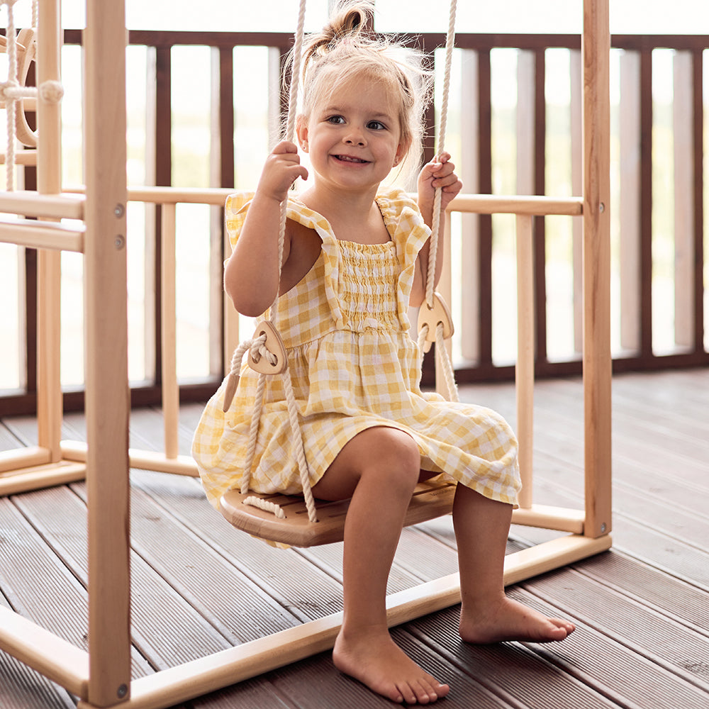 Wooden Climbing Playground: Rocking Ramp, Climbing Rope, Monkey Bars, Gymnastic rings, Kids Swing, Play Mat