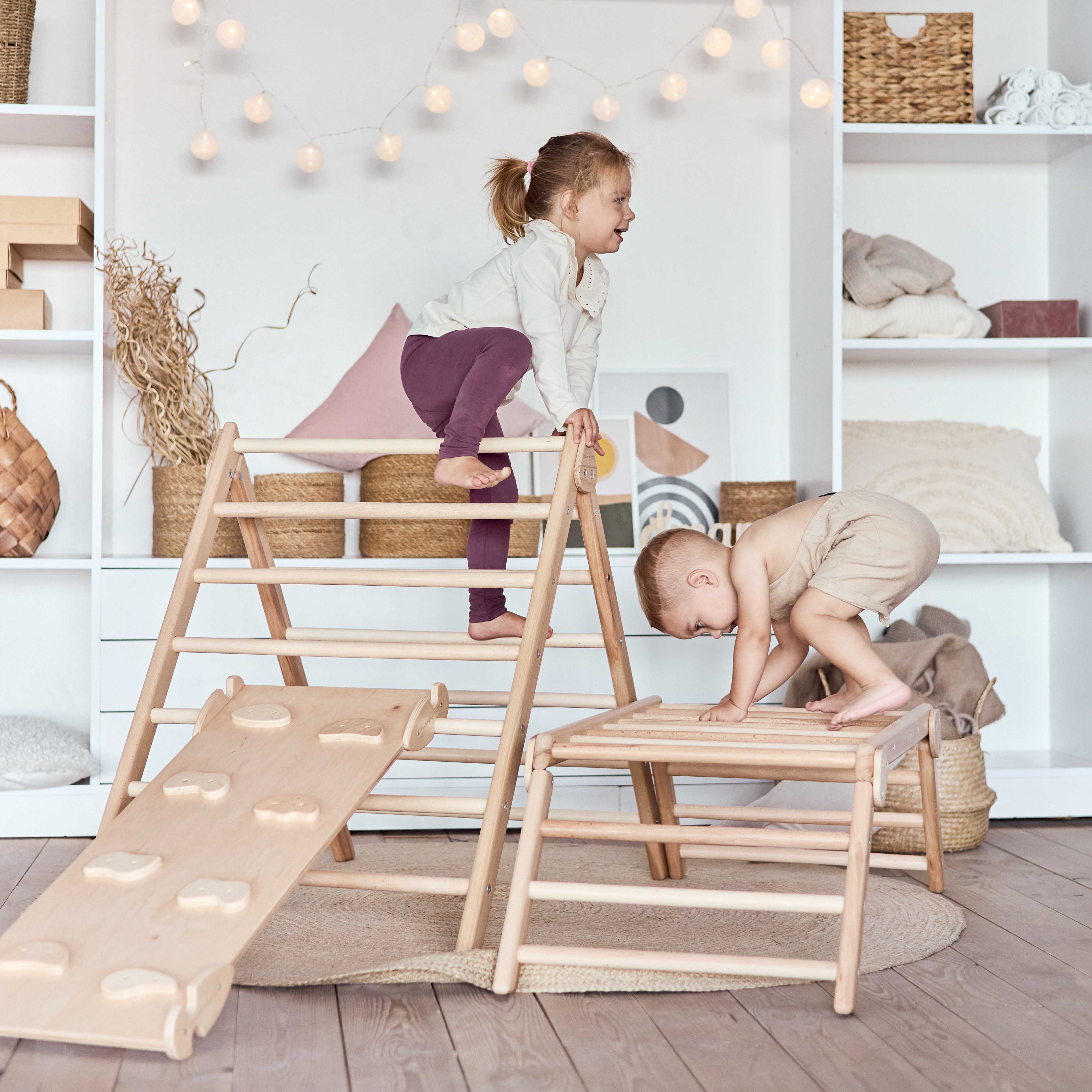 Scandinavian Set of three Climbers: Triangle, Ramp and Trapeze, N.Wood color